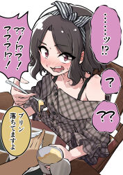  2girls absurdres blush brown_skirt commentary_request ebizuka_tomo food girls_band_cry grey_hair hair_ribbon highres implied_yuri kootee-on multiple_girls off-shoulder_shirt off_shoulder open_mouth plaid_clothes plaid_shirt pudding red_eyes ribbon rupa_(girls_band_cry) shirt short_hair simple_background skirt translated white_background 