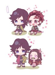  ... 1girl 2boys black_hair black_jacket blue_eyes blush_stickers brown_hair buttons checkered_haori chibi chibi_only commentary_request cup demon_slayer_uniform gold_buttons hair_between_eyes haori high_collar highres holding holding_cup holding_hands jacket japanese_clothes kamado_nezuko kamado_tanjirou kikkoumon kimetsu_no_yaiba kimono long_hair low_ponytail multiple_boys open_mouth pink_eyes pink_kimono ponytail print_haori red_haori short_hair simple_background sitting smile spiky_hair spoken_ellipsis standing tomioka_giyuu white_background xi_yuu 