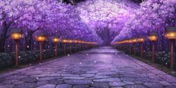  cherry_blossoms game_asset hedge highres lantern no_humans outdoors path petals pink_petals saigyou_ayakashi scenery stairs third-party_source touhou touhou_lostword tree wooden_lantern 