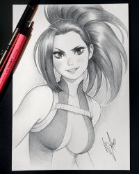  black_hair bodysuit boku_no_hero_academia breasts collarbone creative_signature graphite_(medium) highres large_breasts lipstick long_hair looking_at_viewer makeup photo_(medium) ponytail raised_eyebrow signature sketch sleeveless traditional_media turtleneck upper_body warren_louw yaoyorozu_momo 