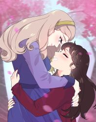  2girls black_hair blush brown_hair closed_eyes commentary_request couple curled_ends day dress english_commentary falling_petals fingernails from_side glass_no_kamen grin hairband hands_on_another's_back head_down highres himekawa_ayumi hug jewelry kitajima_maya laura_(wisteriamemory_) lifting_person long_hair long_sleeves looking_at_another looking_down mixed-language_commentary motion_lines multiple_girls mutual_hug nail_polish outdoors petals pink_petals profile purple_dress purple_nails red_nails red_sweater ring smile sweater violet_eyes wife_and_wife yellow_hairband yuri 