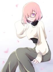  1girl baggy_clothes black-framed_eyewear black_shirt commentary_request cropped_shirt falling_petals fate/grand_order fate_(series) grey_pants high-waist_pants highres jewelry long_sleeves mash_kyrielight necklace pants petals pink_hair shirt sitting sleeves_past_wrists smile solo umbrella_01n violet_eyes wide_sleeves wing_collar 