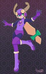  absurdres black_sleeves blonde_hair bodysuit boots creative_signature dark_persona evil_smile gloves green_eyes green_ribbon hands_up heart helmet highres leotard long_hair netnavi purple_boots purple_gloves purple_helmet purple_leotard ribbon roll.exe_(mega_man) smile spot_color thigh-highs turtleneck very_long_hair 