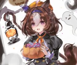  >_< 1girl ahoge animal_ears black_dress blush breasts brown_hair candy commentary_request double-parted_bangs dress ear_covers food ghost hair_between_eyes hairband halloween_bucket halloween_costume hat highres holding holding_halloween_bucket horse_ears horse_girl horse_tail jack-o'-lantern_brooch jack-o'-lantern_ornament kk_(pixiv_83235599) lantern long_sleeves meisho_doto_(dot-o'-lantern)_(umamusume) meisho_doto_(umamusume) multicolored_hair official_alternate_costume open_mouth orange_hat orange_ribbon pumpkin_brooch pumpkin_hat purple_hairband ribbon single_ear_cover smile solo tail two-tone_hair umamusume violet_eyes white_hair 