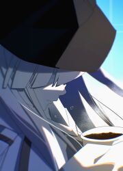  1girl absurdres blue_archive close-up colored_skin commentary_request cup disposable_coffee_cup disposable_cup from_side highres holding holding_cup jitsumuda long_hair malkuth_(blue_archive) solo tears white_hair white_skin 