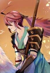  1boy ahoge armor commentary_request fire_emblem fire_emblem_fates highres holding holding_polearm holding_weapon japanese_armor japanese_clothes kuro_irst long_hair male_focus polearm ponytail red_eyes red_hair solo subaki_(fire_emblem) weapon white_armor 