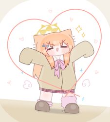  1girl absurdres animal_ears blue_archive blunt_bangs blush brown_background brown_cardigan brown_slippers cardigan chibi collared_shirt full_body gyaru hair_ornament hairclip halo heart highres horuhara long_hair long_sleeves mari_(blue_archive) no_nose open_mouth orange_hair outstretched_arms pleated_skirt red_skirt shirt simple_background skirt sleeves_past_fingers sleeves_past_wrists slippers smile smol_mari_(blue_archive)_(horuhara) solo standing v-shaped_eyebrows white_shirt x_hair_ornament yellow_halo 