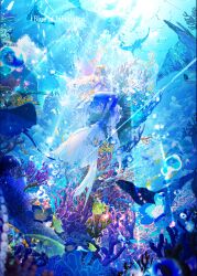  1girl absurdres air_bubble blue_flower bubble commentary_request coral_reef fish flower highres light_rays long_hair makoron117117 manta_ray merfolk mermaid monster_girl original pink_flower sitting solo stingray sunbeam sunlight underwater white_hair 