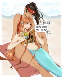  ... 2boys 2girls arrow_(symbol) bandaid bandaid_on_knee bandaid_on_leg black_nails blue_eyes blush brown_eyes brown_hair chainsaw_man character_request commentary english_commentary english_text feet_out_of_frame hand_on_own_cheek hand_on_own_face head_rest highres holding holding_magazine lap_pillow long_hair magazine_(object) merfolk mermaid monster_girl multiple_boys multiple_girls navel orange_hair original pointy_ears red_visor_cap seijousai selin_(seijousai) sitting slit_pupils tori_(seijousai) twitter_username very_long_hair visor_cap yuri 