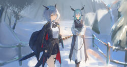  2girls absurdres alina_(arknights) animal_ears antlers arknights ascot black_ascot black_capelet black_dress black_gloves black_neckerchief black_shirt black_skirt blue_eyes capelet commentary_request day deer_antlers deer_ears deer_girl dragon_girl dragon_horns dragon_tail dress epaulettes fence fingerless_gloves gloves highres horns long_hair long_sleeves looking_at_viewer multiple_girls nanami_alice neckerchief official_alternate_costume open_mouth outdoors path pinafore_dress shirt short_hair skirt sleeveless sleeveless_dress smile snow standing tail talulah_(arknights) talulah_the_fighter_(arknights) winter yellow_eyes 