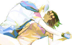  2boys arm_tattoo blue_gloves blue_overalls breasts brothers brown_hair chinese_commentary commentary_request dark-skinned_male dark_skin dragona_joestar dreadlocks eye_contact fingerless_gloves gloves grey_shirt hair_ornament holding_hands hood hood_down hooded_overalls jodio_joestar jojo_no_kimyou_na_bouken leotard looking_at_another lying multiple_boys on_back orange_leotard overalls shirt short_hair short_sleeves siblings simple_background small_breasts tattoo the_jojolands wfed5748 white_background white_hair 