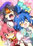  \m/ black_hair blue_eyes blue_hair blush bun_cover closed_eyes double_bun eromame eyes_closed flower ibaraki_kasen kaku_seiga miyako_yoshika multiple_girls open_mouth pink_eyes pink_hair smile touhou wink 