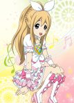  blonde_hair blue_eyes boots cure_rhythm cure_rhythm_(cosplay) dress frills heart highres jewelry k-on! kotobuki_tsumugi long_hair magical_girl musical_note open_mouth ponytail precure ribbon sitting smile solo suite_precure 