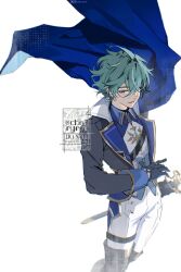  1boy ahoge black_boots black_choker black_gloves blue_shirt boots cape choker collared_shirt feet_out_of_frame floating_clothes genshin_impact gloves green_hair hair_between_eyes highres lohen_(genshin_impact) long_sleeves looking_at_viewer male_focus mole mole_under_eye multicolored_eyes pants ryrmcher shirt short_hair smile smirk solo standing straight-on sword weapon white_background white_pants wind wind_lift 