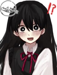  !? 1girl black_eyes black_hair black_sweater_vest blush bright_pupils chibi collared_shirt commentary_request double-parted_bangs flying_sweatdrops hair_behind_ear hair_between_eyes highres long_hair looking_at_viewer mari_(faraway)_(omori) mari_(omori) nervous_smile nervous_sweating omori open_mouth ruwa_(4preigbvci23834) shirt smile solo sweat sweater_vest upper_body white_pupils white_shirt 