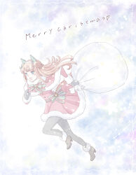  1girl animal_ears black_boots black_mittens black_pantyhose blue_eyes boots bow bowtie braid capelet christmas commentary_request dress dress_bow ear_covers full_body fur-trimmed_boots fur-trimmed_capelet fur-trimmed_dress fur-trimmed_sleeves fur_trim green_bow green_bowtie hair_ornament hairband half_up_braid heart high_heel_boots high_heels holding holding_sack horse_ears horse_girl horse_tail long_hair merry_christmas mittens open_mouth orange_hair pantyhose red_bow red_bowtie red_capelet red_dress rosa_games_ss running sack santa_costume santa_dress silence_suzuka_(umamusume) smile snowflakes snowing solo star_(symbol) tail two-tone_bow two-tone_bowtie umamusume white_hairband 