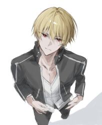 1boy absurdres ayateru_(ayaki_geme) black_jacket black_pants blonde_hair commentary fate/stay_night fate_(series) from_above gilgamesh_(fate) gilgamesh_(immoral_biker_jacket)_(fate) highres jacket long_sleeves looking_at_viewer male_focus official_alternate_costume pants red_eyes shirt short_hair simple_background solo white_background white_shirt 