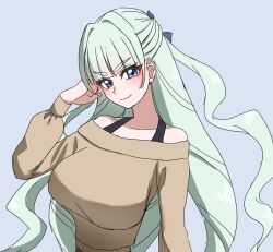  1girl bare_shoulders blue_eyes blunt_bangs breasts brown_shirt closed_mouth commentary_request cropped_torso green_hair grey_background hair_intakes half_updo halterneck highres huge_breasts long_hair looking_at_viewer off-shoulder_shirt off_shoulder saint-germain_(symphogear) senki_zesshou_symphogear shirt simple_background smile solo thick_eyebrows tobase_ui tri_tails upper_body v-shaped_eyebrows very_long_hair 