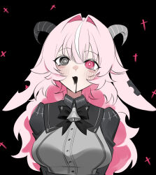  1girl absurdres bell bell_bow black_bow black_bowtie black_eyes black_mouth black_saliva bow bowtie breasts colored_saliva cross db_(geuze) femme_soule hair_intakes heterochromia highres inverted_cross large_breasts liquid_from_mouth long_hair looking_at_viewer neck_bell open_mouth pink_eyes pink_hair pukey_goddess_shot_trick solo upper_body 