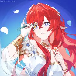  1girl armlet bare_shoulders blue_background blue_eyes bracelet breasts bright_pupils commentary_request cross-shaped_pupils crossed_bangs dress falling_petals flower gold_armlet gold_bracelet hair_between_eyes hands_up highres holding holding_flower honkai:_star_rail honkai_(series) jewelry long_hair looking_at_object medium_breasts parted_lips petals pointy_ears red_hair simple_background solo symbol-shaped_pupils tribios_(honkai:_star_rail) twitter_username upper_body white_dress white_pupils youkainekomata0 