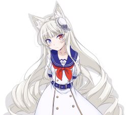  1girl animal_ear_fluff animal_ears arms_behind_back asagi501 belt blue_belt blue_eyes blue_sailor_collar blunt_bangs breasts buttons closed_mouth collarbone commentary_request double-breasted dress drill_hair fox_ears hat heterochromia highres light_smile long_hair looking_at_viewer original red_eyes rinarii_(wreathlt_vr) sailor_collar short_sleeves simple_background small_breasts smile solo split_mouth upper_body very_long_hair vrchat white_background white_dress white_hair white_hat yellow_trim 
