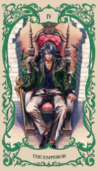 1boy arisugawa_dice asymmetrical_hair black_shirt black_shoes blue_hair blurry border brown_border card_(medium) collarbone commentary_request depth_of_field dice_hair_ornament dress_shoes fingernails foliage fukeda_chiho full_body fur-trimmed_jacket fur_trim green_border green_jacket grey_pants hair_ornament hair_over_one_eye hair_over_shoulder highres holding holding_staff hypnosis_mic indoors jacket long_sleeves male_focus medium_hair on_throne open_clothes open_jacket ornate_border pants parted_bangs pectoral_cleavage pectorals pink_eyes red_sky reflection serious shirt shoes sitting sky sleeves_past_wrists solo spread_legs staff stone_wall suspenders_hanging tarot tarot_(medium) the_emperor_(tarot) throne tile_floor tiles torn_clothes torn_pants twitter_username v-neck 