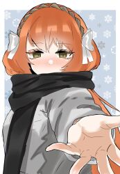  1girl black_scarf blue_background blush bow brown_hairband commentary_request cropped_torso foreshortening freckles green_eyes grey_sweater hair_between_eyes hairband highres ishmael_(project_moon) limbus_company long_hair looking_at_viewer open_hand orange_hair project_moon scarf scarf_over_mouth snowflake_print solo sweater ubsd18 white_bow 