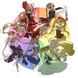  6+girls bikini bishoujo_senshi_sailor_moon black_dress black_shirt black_thighhighs blonde_hair blue_eyes blue_skirt blunt_bangs boots capelet chuunibyou_demo_koi_ga_shitai! circle circlet color_wheel_challenge commentary dekomori_sanae double_bun dress elizabeth_ethel_cordelia_midford gloves hair_bun hat high_heel_boots high_heels highres holding holding_sword holding_weapon hoshina_utau kasugano_urara_(precure) kuroshitsuji looking_at_viewer magical_girl makihatayama_hana merfolk mermaid mermaid_melody_pichi_pichi_pitch monster_girl multiple_drawing_challenge multiple_girls nanami_lucia ojamajo_doremi one_eye_closed orange_eyes precure red_capelet red_dress red_skirt rozen_maiden sailor_moon sailor_senshi_uniform shinku shirt shugo_chara! sidelocks signature skirt sparkle swimsuit sword thigh-highs tsukino_usagi twintails wakuno_lemon weapon white_gloves white_hat yellow_eyes yes!_precure_5 yes!_precure_5_gogo! 