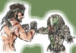  armor bandana beard belt big_boss blood brown_hair eyepatch facial_hair gauntlets gloves hairlocs highres judgemasterkou mandibles metal_gear metal_gear_solid no_shirt open_mouth predator predator_(film) simple_background teeth 