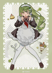  1girl :d =_= absurdres apron black_dress black_sailor_collar border cherry chinese_commentary clover commentary dress enmaided facing_viewer food fork four-leaf_clover frog_hair_ornament fruit full_body green_border green_hair hair_ornament hair_tubes highres iwakoo knife kochiya_sanae loafers long_hair long_sleeves maid maid_headdress neckerchief open_mouth pantyhose parfait pudding red_neckerchief sailor_collar shoes single_hair_tube smile snake_hair_ornament solo strawberry touhou wafer_stick watermark weibo_watermark white_apron white_pantyhose 
