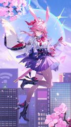  1girl absurdres animal_ears black_boots black_pantyhose boots bow bowtie chromatic_aberration closed_mouth commentary_request evanescia_(honkai:_star_rail) film_grain flower fox_ears fox_girl full_body gloves hair_between_eyes hair_flower hair_ornament high_heels highres honkai:_star_rail honkai_(series) looking_at_viewer outdoors pantyhose pink_hair red_bow red_bowtie rity shirt short_hair_with_long_locks smile solo thigh_strap white_gloves wide_sleeves 