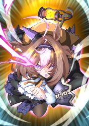  1girl ahoge animal_ears black_dress black_pantyhose brown_hair commentary_request double-parted_bangs dress ear_covers hair_between_eyes hairband halloween hat highres horse_ears horse_girl horse_tail lantern long_sleeves medium_hair meisho_doto_(dot-o'-lantern)_(umamusume) meisho_doto_(umamusume) multicolored_hair official_alternate_costume open_mouth orange_hat pantyhose pumpkin_hat purple_hairband running single_ear_cover solo tail two-tone_hair umamusume violet_eyes white_hair zukki_(bijitaru) 