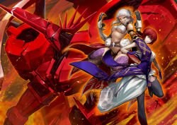  152_in_can 1boy 2girls ancient_greek_clothes ares_(fate) armor bare_shoulders bikini_armor blunt_bangs braid braided_base breasts bun_with_braided_base chiton choker claw_(weapon) dress elbow_gloves fate/grand_order fate_(series) fingerless_gloves gloves glowing glowing_eyes goddess_of_war_(fate) greco-roman_clothes hair_bun hair_ribbon highres hippolyta_(fate) horns humanoid_robot joints long_hair looking_at_viewer mecha medium_breasts medium_hair multiple_girls penthesilea_(fate) red_armor red_hair ribbon robot robot_joints short_hair siblings sidelocks single_horn sisters stola under_boob weapon white_hair yellow_eyes 