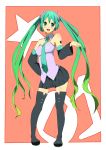  boots dai.com detached_sleeves green_eyes green_hair hand_on_hip hatsune_miku highres hips long_hair necktie open_mouth skirt solo star thigh-highs thigh_boots thighhighs twintails very_long_hair vocaloid 
