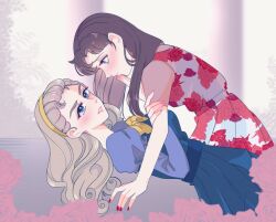  2girls bangs_pinned_back blonde_hair blue_dress blush bow bowtie commentary_request couple curtained_hair dress english_commentary eye_contact floral_print forehead girl_on_top glass_no_kamen grey_vest hairband highres himekawa_ayumi juliet_sleeves kitajima_maya laura_(wisteriamemory_) long_hair long_sleeves looking_at_another looking_at_viewer looking_down looking_up mixed-language_commentary multiple_girls pink_nails pink_shirt pleated_dress pleated_skirt print_skirt print_vest profile puffy_sleeves red_nails rose_print shirt short_sleeves side_part skirt vest violet_eyes white_skirt yellow_bow yellow_bowtie yellow_hairband yuri 