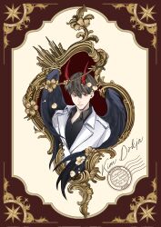  1boy black_hair black_shirt black_wings character_name coat collared_shirt commentary_request demon_horns demon_king_of_salvation feathered_wings heart heart_print highres horns irregular_border kim_dokja looking_at_viewer male_focus omniscient_reader's_viewpoint open_clothes open_coat popped_collar red_eyes shirt short_hair solo typo_koneko white_coat wings 