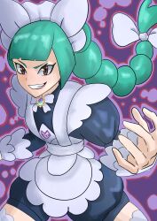  1girl absurdres apron black_romper bow brown_eyes commentary_request floating_hair green_hair grin hair_bow hand_up headdress highres kichi_(erkz2532) lebanne_(pokemon) legs_apart long_hair long_sleeves maid pokemon pokemon_legends:_z-a romper smile solo teeth 