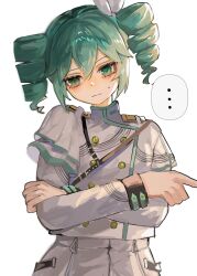  ... 1girl 54_okura blush bow buttons closed_mouth commentary cosplay crossed_arms double-breasted drill_hair green_eyes green_hair grey_jacket grey_skirt hair_between_eyes hair_bow hatsune_miku head_tilt high_collar highres jacket kasane_teto kasane_teto_(cosplay) kasane_teto_(sv) long_sleeves looking_to_the_side musical_staff musical_staff_print pleated_skirt shirt short_hair shoulder_belt shoulder_boards sidelocks sideways_glance simple_background skirt sleeve_cuffs solo spoken_ellipsis sweatdrop twin_drills upper_body utau vocaloid white_background white_bow 
