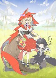  2girls absurdres animal_ears arknights arknights:_endfield black_coat black_hair blonde_hair cape chinese_commentary coat commentary_request corset day endministrator_(arknights) female_endministrator_(arknights) fruit_basket highres hood hooded_cape long_hair mary_janes medium_skirt meiruruu mountainous_horizon multiple_girls outdoors puffy_short_sleeves puffy_sleeves red_cape red_skirt rossi_(arknights) shirt shoes short_hair short_sleeves skirt white_shirt wolf_ears wolf_girl 