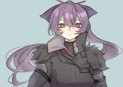  1girl black_coat blush bow closed_mouth coat commentary czc9q2 falkenhayn_mercenary_leader_(zenless_zone_zero) floating_hair fur_trim hair_between_eyes hair_bow hair_floating_upwards hair_flowing_over hair_ornament hairpin happy high_ponytail highres light_smile long_hair long_sleeves looking_at_viewer ponytail purple_hair simple_background solo upper_body violet_eyes zenless_zone_zero 