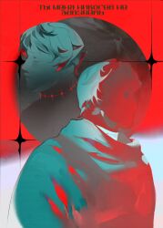  1boy axis_powers_hetalia bandaged_neck bandages closed_eyes closed_mouth coat cropped_torso from_side full_moon hair_between_eyes highres limited_palette lips long_sleeves looking_to_the_side male_focus mixed-language_commentary moon multiple_views open_mouth red_background russia_(hetalia) russian_text scarf short_hair smile star_(symbol) two-tone_background upper_body white_background zayats 
