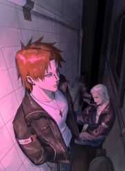  2boys alternate_costume alternate_universe amegakure_symbol armband back_alley black_jacket cigarette contemporary cross cross_necklace curtained_hair delinquent denim dim_lighting ear_piercing face_piercing from_above h0dongkang hair_slicked_back hidan_(naruto) highres jacket jeans jewelry labret_piercing leaning_back leather leather_jacket looking_at_viewer male_focus multiple_boys naruto_(series) naruto_shippuuden necklace nose_piercing orange_hair pain_(naruto) pants piercing ringed_eyes rinnegan shirt short_hair smoking spiky_hair squatting standing stitched_neck stitches tile_wall tiles violet_eyes white_hair white_shirt yugakure_symbol 