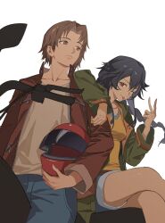  1boy 1girl absurdres arm_on_another's_shoulder black_hair blue_pants blue_shorts braid brown_hair chinese_commentary commentary_request dododo_(fightingdodo) fusaishi_haruaki green_jacket hand_up helmet highres holding holding_unworn_helmet jacket long_hair looking_at_another motor_vehicle motorcycle one_eye_closed open_clothes open_jacket pants raging_loop red_eyes red_jacket serizawa_chiemi shirt short_hair shorts simple_background tongue tongue_out unworn_headwear unworn_helmet v white_background white_shirt yellow_shirt 