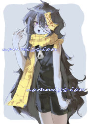  1girl absurdres alternate_costume askeladd6713 black_shirt black_shorts blue_skin chinese_commentary colored_skin commentary_request contemporary highres jiangshi long_hair looking_at_viewer miyako_yoshika ofuda ofuda_on_head open_mouth scarf shirt shorts solo stitched_face stitches touhou very_long_hair violet_eyes yellow_scarf 