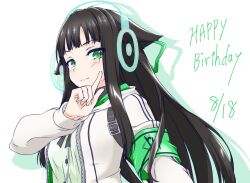  1girl armband asagi501 birthday_date black_ribbon blunt_bangs breasts brown_hair character_request closed_mouth commentary_request drop_shadow green_eyes green_ribbon green_shirt hair_ribbon hand_up happy_birthday headphones highres hood hood_down hooded_jacket jacket light_smile long_hair long_sleeves looking_at_viewer medium_breasts neck_ribbon open_clothes open_jacket original ribbon shirt simple_background solo straight_hair upper_body vrchat white_background white_jacket 