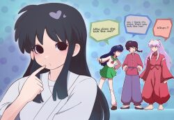  2boys 2girls animal_ears arms_behind_back barefoot bead_necklace beads black_eyes black_hair black_shoes blue_background blue_hair blue_pants braid chinese_clothes creator_connection crossover dog_boy dog_ears english_text green_sailor_collar green_skirt hakama hand_up higurashi_kagome inuyasha inuyasha_(character) japanese_clothes jewelry kimono long_hair miko multiple_boys multiple_girls mychi_drawings necklace open_mouth pants polka_dot polka_dot_background ranma_1/2 red_hakama red_kimono sailor_collar saotome_ranma saotome_ranma_(male) school_uniform shoes single_braid skirt socks speech_bubble tendou_akane tooth_necklace voice_actor_connection white_hair white_socks yellow_eyes 