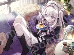  1girl :3 ahoge amae_ten beret black_gloves black_shirt black_skirt black_socks booota cherry closed_mouth commentary_request couch cream cup first_stage_production food fruit full_body gloves gradient_hair hair_intakes hat holding holding_plate mug multicolored_hair official_art plant plate pleated_skirt potted_plant pudding purple_hair sample_watermark shirt skirt socks solo string_lights table violet_eyes virtual_youtuber watermark white_hair white_hat wings 