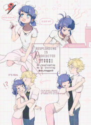  !? 1boy 1girl adrien_agreste bags_under_eyes black_shirt blonde_hair blue_eyes blue_hair commentary_request denim english_text grid_background highres holding holding_pencil jacket kiss kissing_cheek marinette_dupain-cheng miraculous_ladybug pants pencil pink_pants seio_(nao_miragggcc45) shirt short_sleeves sleepy striped_clothes striped_shirt tikki_(miraculous_ladybug) twintails watermark white_jacket white_shirt 