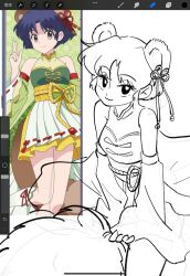  1girl animal_ears art_program_in_frame bare_shoulders closed_mouth commentary highres kemonomimi_mode luuxiriver off_shoulder official_alternate_costume official_art_inset raccoon_ears raccoon_girl raccoon_tail ranma_1/2 reference_inset smile tail tendou_akane wide_sleeves 