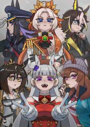 6+girls absurdres ahoge animal_ears armband ascot beanie black_ascot black_coat black_gloves black_hair black_jacket blue_coat blue_eyes blunt_bangs bow breasts brown_eyes brown_hair brown_hat candy closed_mouth coat collared_shirt commentary dice dice_necklace dice_pendant double_v dream_journey_(reminder_of_dreamland)_(umamusume) dream_journey_(umamusume) dress ear_bow ear_covers ear_ribbon ears_through_headwear english_commentary epaulettes fenomeno_(black_flames_of_the_righteous_spirit)_(umamusume) fenomeno_(umamusume) fingerless_gloves flipped_hair food food_in_mouth gem glasses gloves goggles goggles_around_neck gold_ship_(red_strife)_(umamusume) gold_ship_(umamusume) green_gem grey_hair grey_hat hair_between_eyes hat highres horse_ears horse_girl horseshoe_hat_ornament horseshoe_ornament jacket jewelry lollipop lollipop_in_mouth long_hair long_sleeves medium_breasts mu_(qquwee) multicolored_hair multiple_girls nakayama_festa_(shichuukyuukatsu)_(umamusume) nakayama_festa_(umamusume) necklace open_mouth orange_hair orfevre_(control)_(umamusume) orfevre_(umamusume) peaked_cap pillbox_hat purple_hair red_bow red_dress red_shirt shirt single_ear_cover sleeveless sleeveless_dress smile stay_gold_(sunlit_outsider)_(umamusume) stay_gold_(umamusume) stay_gold_clan_(umamusume) striped_armband striped_clothes striped_shirt teeth two-tone_hair umamusume v violet_eyes white_gloves white_hair white_jacket white_shirt yellow_coat 